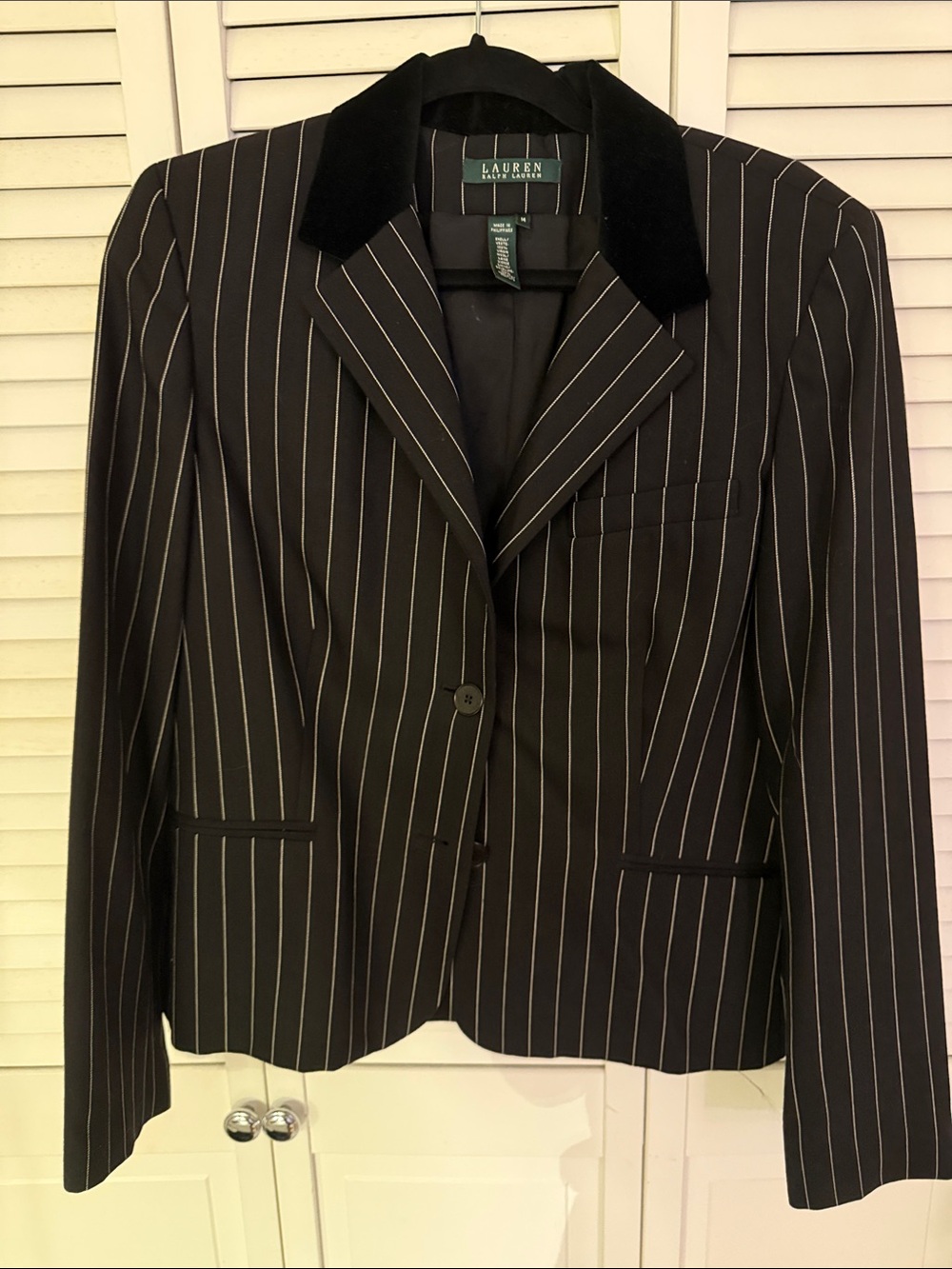 Lauren Ralph Lauren Black Pinstripe Velvet-Collar Blazer